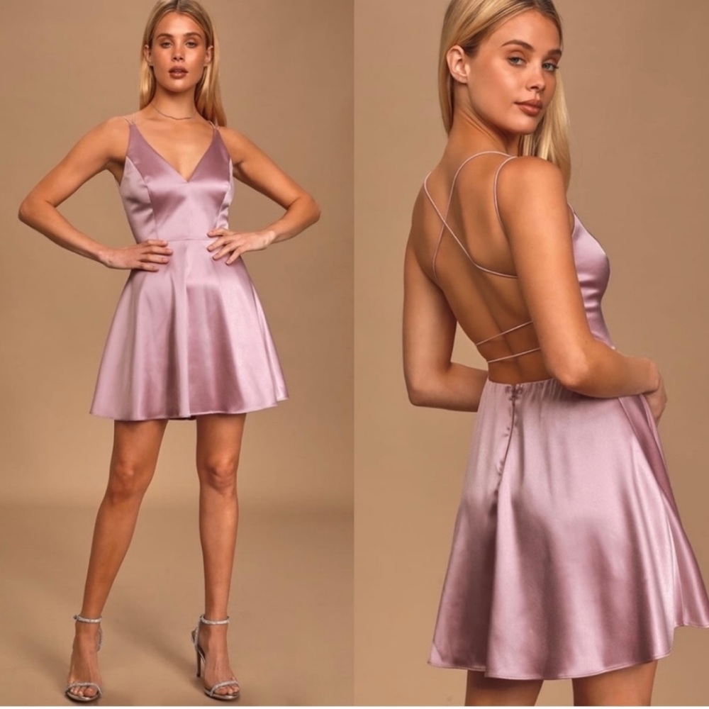 Lulu's Smitten By You Dusty Mauve Satin Backless Skater Dress